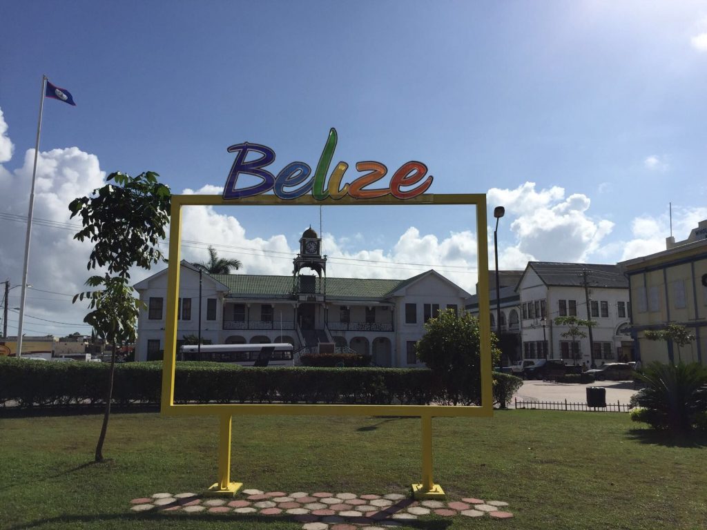 Belize sign in the centre of Belize City.